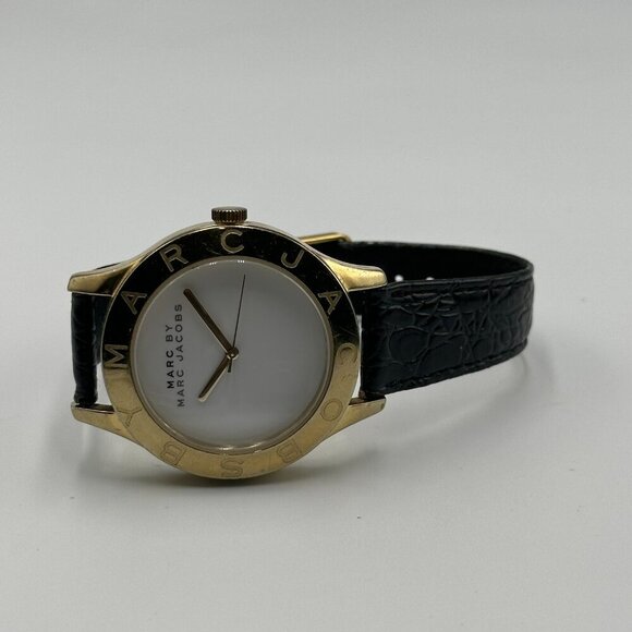 Marc By Marc Jacobs Blade Watch Women Gold Tone Black Band New Battery 9" - Picture 8 of 15